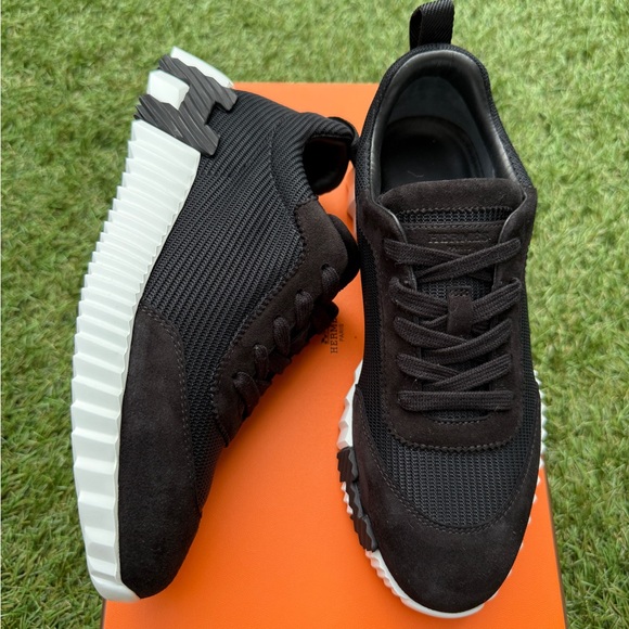 HERMES BOUNCING BLACK MESH/ SUEDE WHITE SOLE TRAINERS FASHION SNEAKERS SIZE 38 - Picture 1 of 11